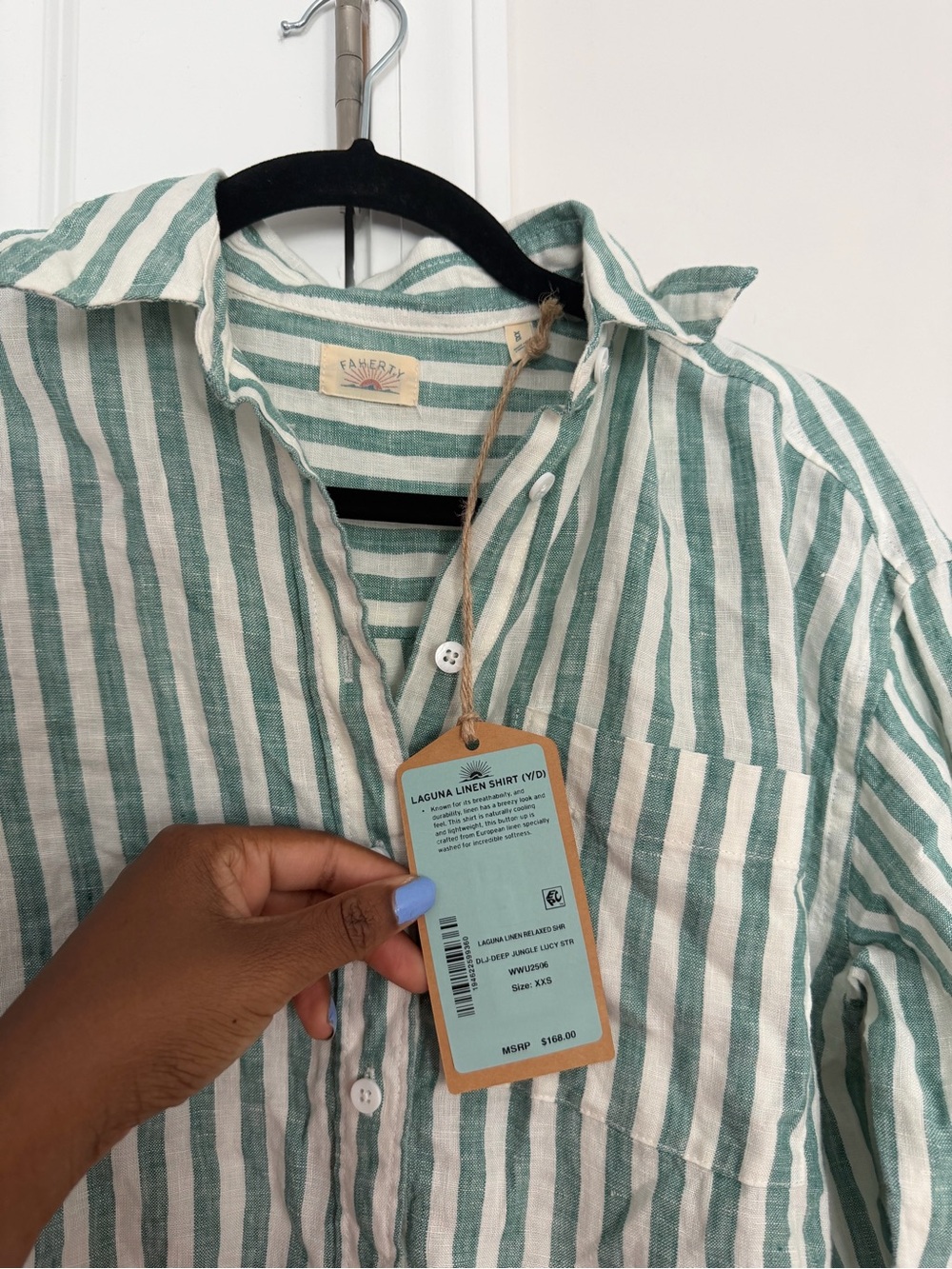NWT Faherty Laguna Linen Relaxed Button Down Deep Jungle Lucy Stripe Shirt - Picture 7 of 7